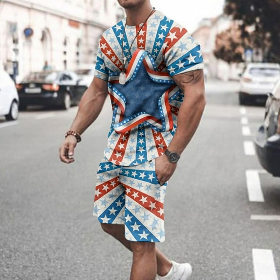 cllios Men's Short Sets 4th of July Short Sleeve Tshirts and Drawstring Shorts Matching Suits Independence Day Stars and Stripes Graphic Muscle Tracksuits Sets with Pockets