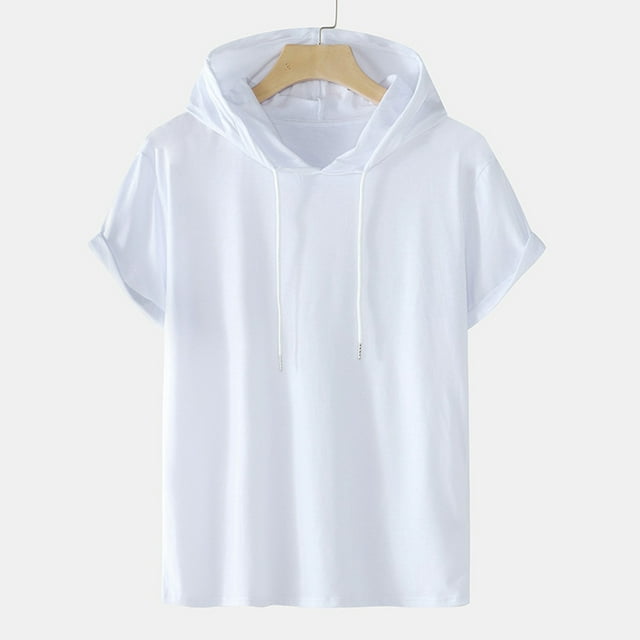 cllios Men's Solid Drawstring Hooded Shirts Summer Short Sleeve ...