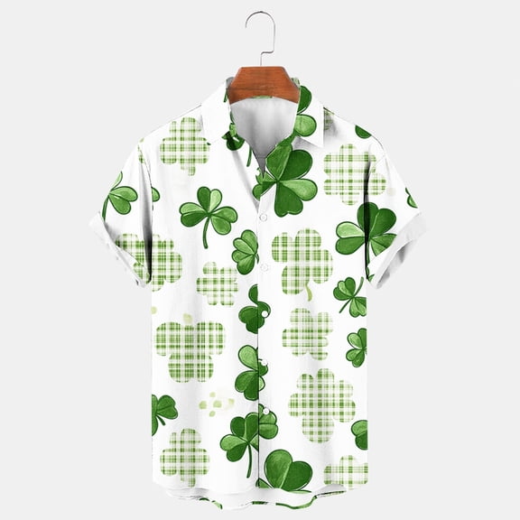cllios Men's St Patricks Day Shirt Irish Shamrock Printed Short Sleeve Button Down Hawaiian Shirts Lucky Green Shirts for Men