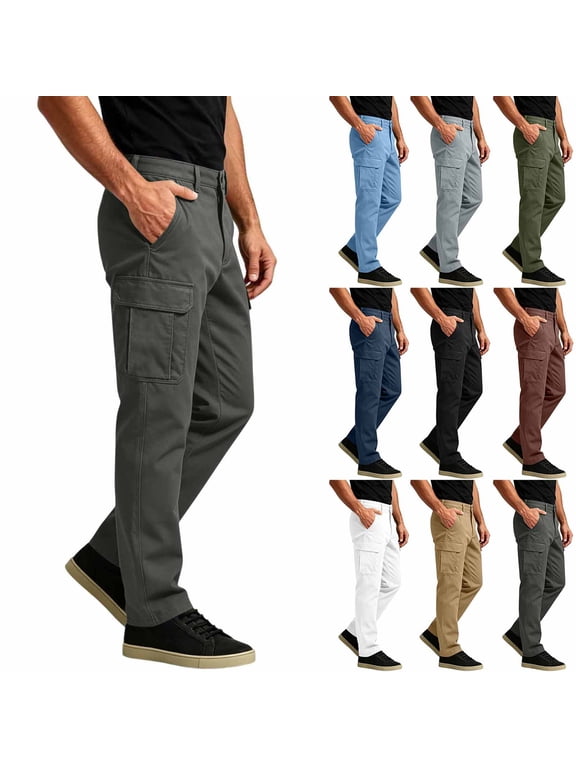 Men's Straight Leg Cargo Pants Classic Utility Work Pants Regular Fit Flat Front Outdoor Trousers with Flap Pockets Black S-XXXL