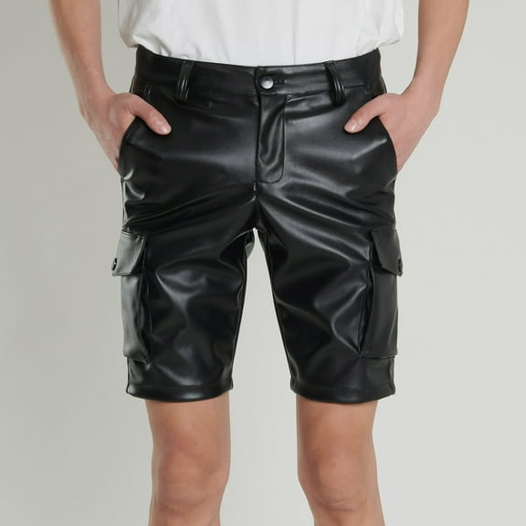 cllios Men's Summer Faux PU Leather Straight Leg Party Club Shorts with Pockets