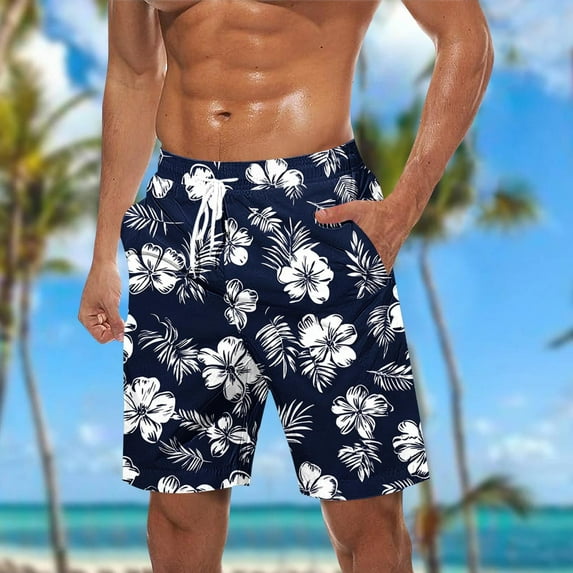 cllios Men's Swim Trunks 7" Quick Dry with Pockets Hawaiian Beach Shorts Tropical Floral Printed Board Shorts Elastic Waist Swimming Shorts Summer Beach Bathing Suits Swimwear