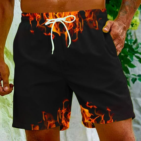 cllios Men's Swim Trunks Flame Printed Surfing Board Shorts with Pockets Cool Mesh Lining Bathing Suits Lightweight Drawstring Sport Shorts Summer Holiday Beach Shorts