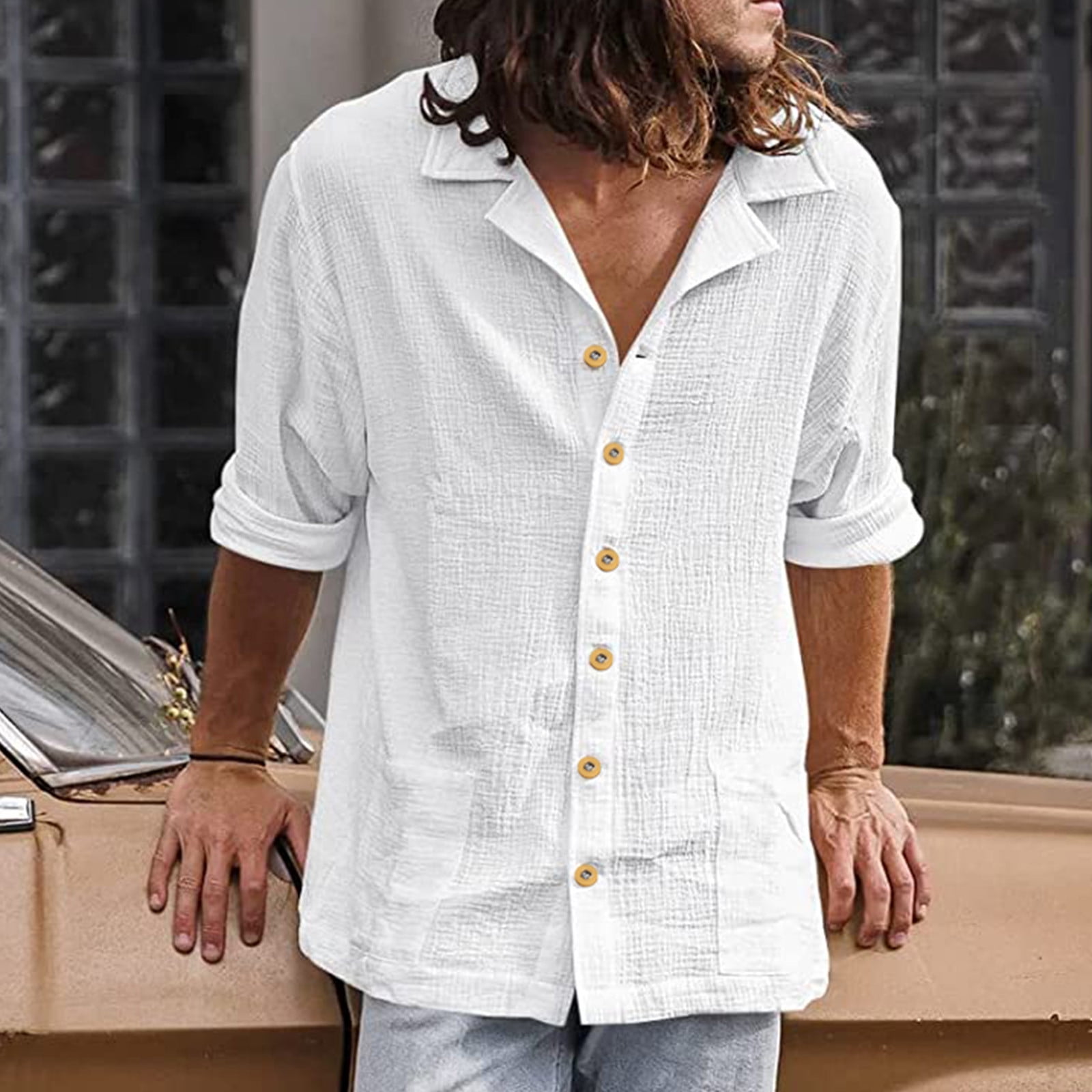 cllios Men's T Shirts Cotton Linen Lapel Shirt Casual Button Down Shirts  for Men Lightweight Long Sleeve Beach T-Shirts Summer Holiday Beach Shirts  White M - Walmart.com