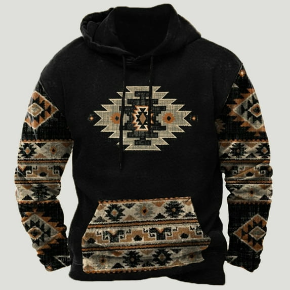 cllios Men's Western Aztec Pullover Sweatshirts Vintage Tribal Ethnic Print Patchwork Hoodie Pullover for Men Oversized Long Sleeve Hoodies Cowboy Hooded Sweatshirts Black 3XL