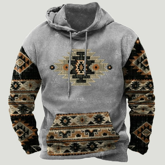 cllios Men's Western Aztec Pullover Sweatshirts Vintage Tribal Ethnic Print Patchwork Hoodie Pullover for Men Oversized Long Sleeve Hoodies Cowboy Hooded Sweatshirts Gray 3XL