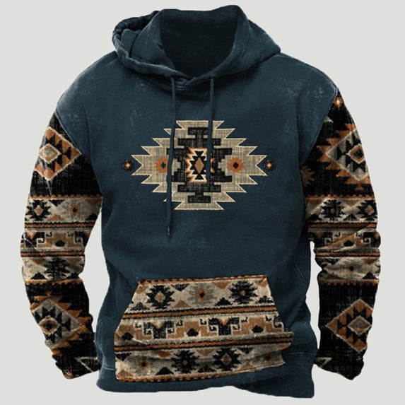 cllios Men's Western Aztec Pullover Sweatshirts Vintage Tribal Ethnic Print Patchwork Hoodie Pullover for Men Oversized Long Sleeve Hoodies Cowboy Hooded Sweatshirts Navy 2XL