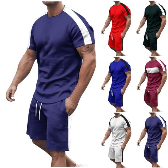 cllios Men's Workout Sweat Suit 2 Piece Sports Sets Short Sleeve Crew Neck T Shirts and Shorts Athletic Set Color Block Tracksuits with Pockets