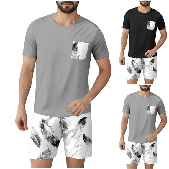 cllios Mens 2 Piece Pjs Sets Short Sleeve T Shirts and Shorts Set Tropical Graphic Design for Beach Vacation Pajama Casual Loungewear