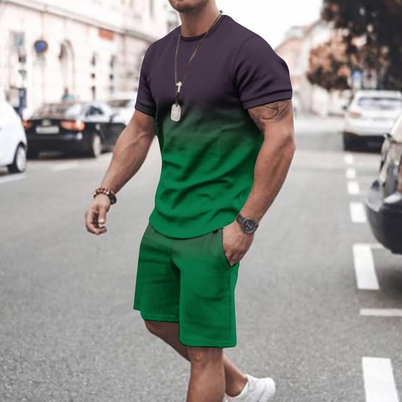 cllios Mens 2 Piece Short Sets Outfits Classic Gradient Printed Track Suits Summer Casual T Shirts Short Sleeve Drawstring Elastic Waist Beach Shorts with Pockets