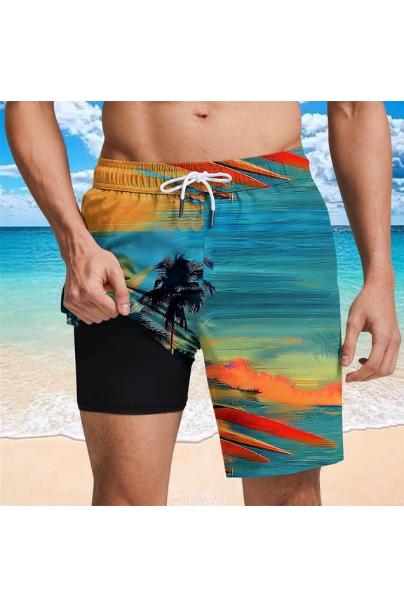Mens 2-in-1 Swim Trunks with Compression Liner 7" Quick Dry Hawaiian Beach Board Shorts with Pockets Summer Holiday Drawstring Bathing Suits Fathers Day Gifts for Dad