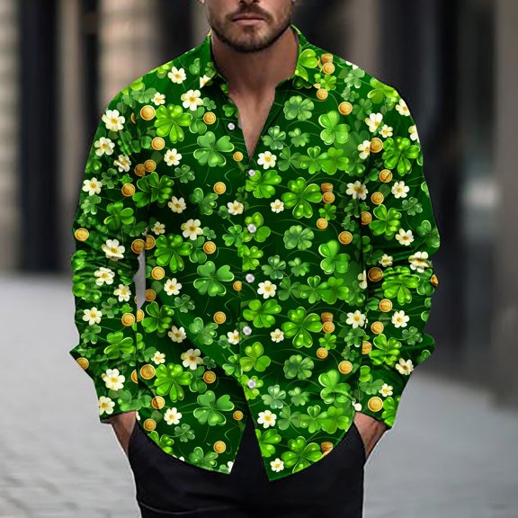 cllios Mens St Patricks Day Shirts Slim Fit Long Sleeve Dress Shirt Funny Shamrock Printed Lucky Tshirts Business Casual Button Up Party Tops