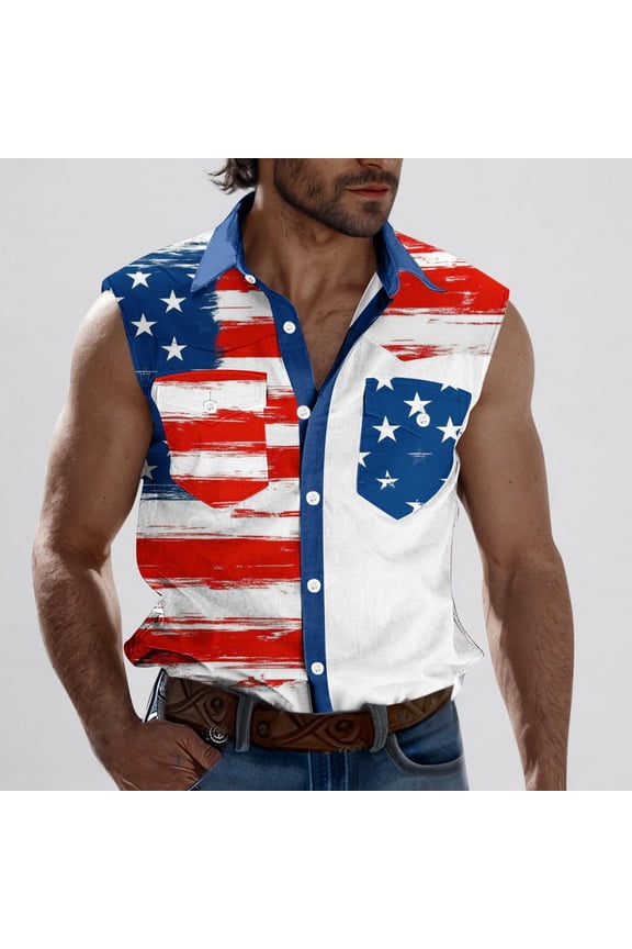 Mens 4th of July American Flag Tank Top Funny Red White and Blue Tshirts Casual Button Down Sleeveless Tee Shirts Independence Day Patriotic Workout Tops