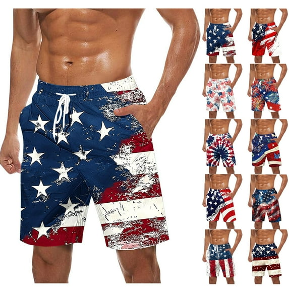 cllios Mens 4th of July Swim Trunks Funny American Flag Print Drawstring Beach Board Shorts Independence Day Patriotic Shorts with Pockets Quick Dry Bathing Suit Swimwear