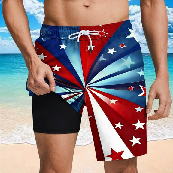 cllios Mens 4th of July Swim Trunks Swimming Trunks with Compression Liner Board Shorts 7 inch Quick Dry Swim Shorts Novelty Red White and Blue Swimsuit