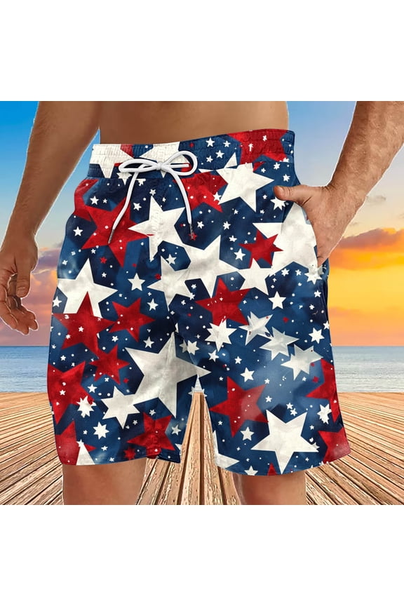 Mens 4th of July Swimsuit American Flag Swim Trunks for Men Big and Tall Quick Dry Board Shorts Patriotic Red White and Blue Print Swimming Trunks with Pocket