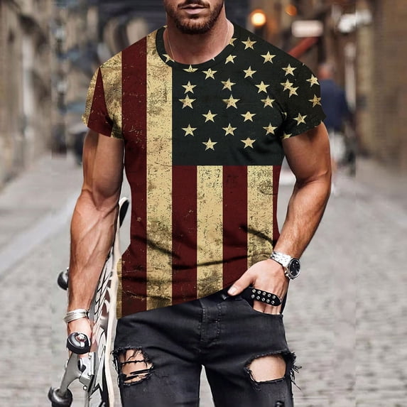 cllios Mens 4th of July Shirts Summer Patriotic American Flag Print Tees Classic Round Neck Tops Beach Short Sleeve T Shirt M-5XL