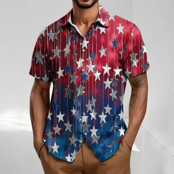 cllios Mens American Flag Dress Shirts 4th of July Red White and Blue Cotton Linen Tees Short Sleeve Casual Button Down Beach Tops