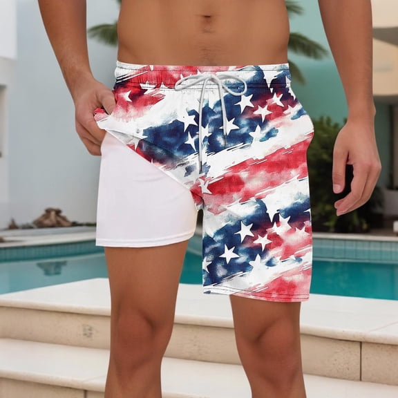 cllios Mens American Flag Swim Trunks with Compression Liner 2 in 1 Quick Dry Bathing Suits 4th of July Red White and Blue Board Shorts Summer Beachwear