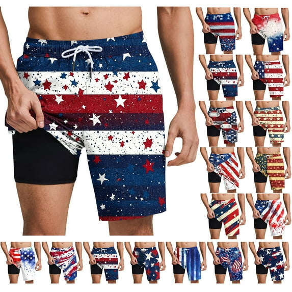 cllios Mens American Flag Swim Trunks with Compression Lining Quick Dry USA Patriotic Board Shorts 4th of July Lightweight Drawstring Swimwear Bathing Suits