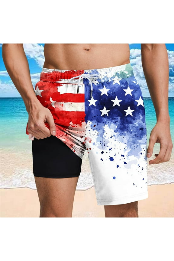Mens American Flag Swim Trunks with Compression Liner Quick Dry Bathing Suit 4th of July Men Red White and Blue Swimwear
