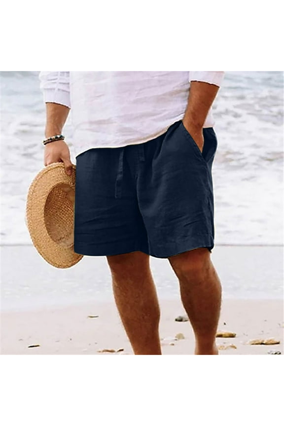 Mens Beach Shorts Big and Tall Cotton Linen Summer Shorts Drawstring Elastic Waist Casual Beach Pants Summer Vacation Short Pants with Pockets