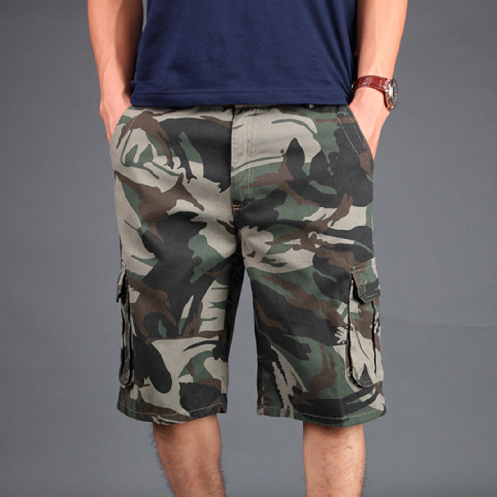 cllios Mens Camo Cargo Shorts Elastic Waistband Cotton Ripstop Tactical Shorts Outdoor