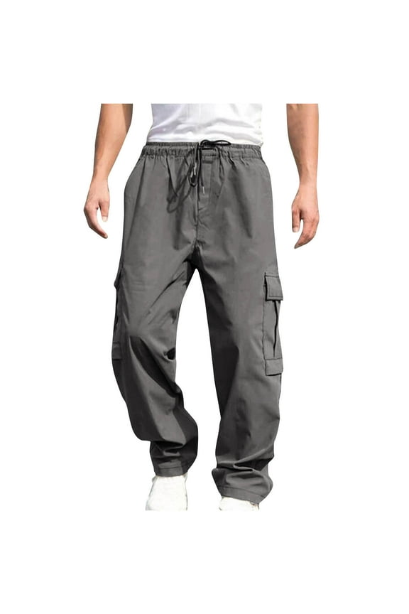 Mens Cargo Pants Lightweight Outdoor Hiking Pants Elastic Waist Solid Color Straight Leg Work Trousers Casual Drawstring Sport Pants Travel Safari Pants