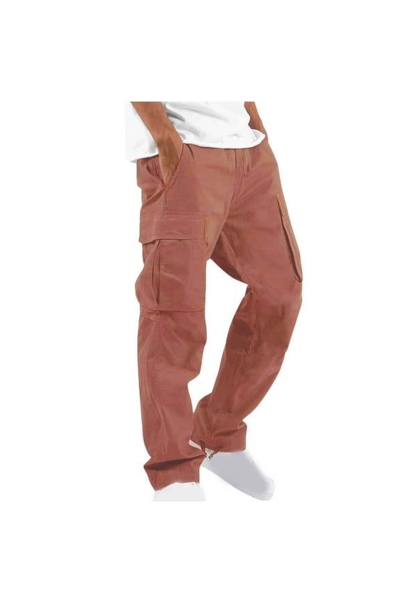 Mens Cargo Pants Solid Casual Multiple Pockets Outdoor Straight Type Fitness Pants Cargo Pants Relaxed Fit Trousers Hiking Pants Watermelon Red XL
