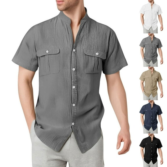 cllios Mens Casual Cotton Linen Shirt Short Sleeve Button Up Shirts Summer Beach Top Quick Dry Cargo Shirts with Pockets Ofertas de Hoy en Liquidación