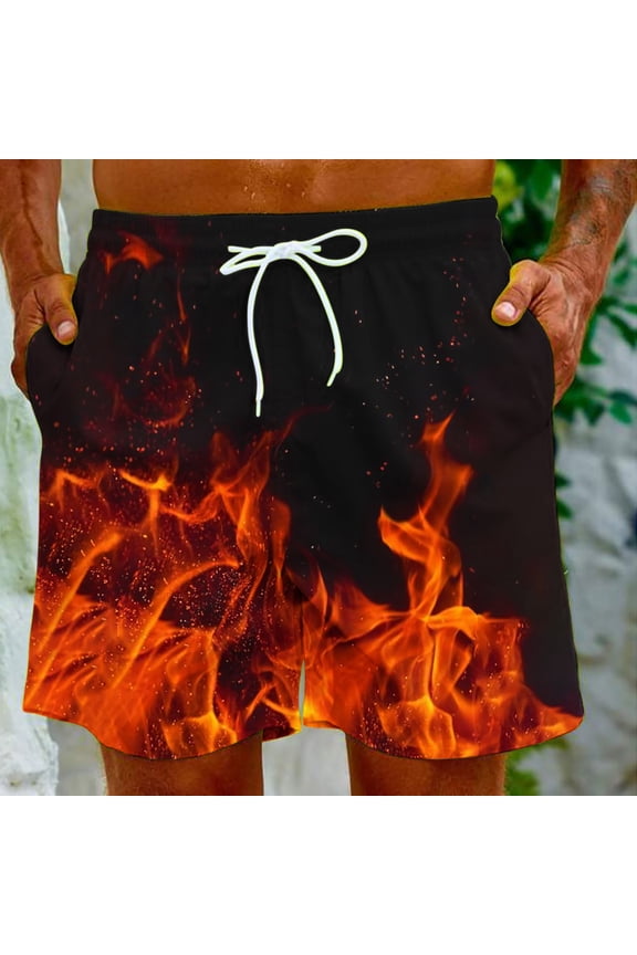 Mens Casual Dressy Flame Printed Swim Trunks Vacation Drawstring Elastic Waist Shorts Lightweight Loose Cozy Beach Summer Surf Board Shorts Orange 3XL