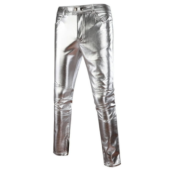 cllios Mens Casual Night Club Metallic Moto Jeans Style Flat Front Suit Pants Straight Leg Trousers Disco