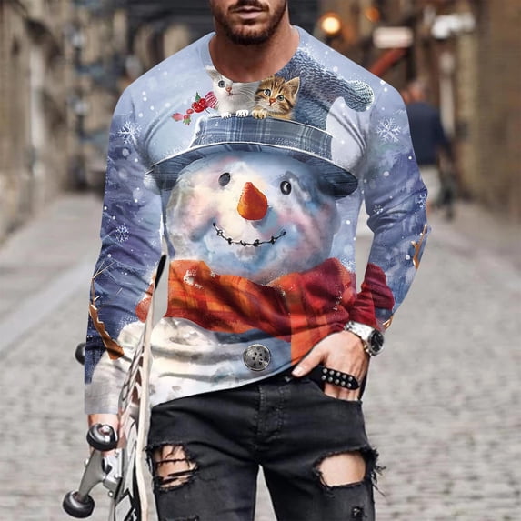 cllios Mens Christmas Shirts Plus Size,Christmas 3D Printed Long Sleeve T-shirts Sparkly Xmas Tree Printed Graphic Tees,Casual Round Neck Vacation Christmas Shirt,Ugly Gift T-Shirts