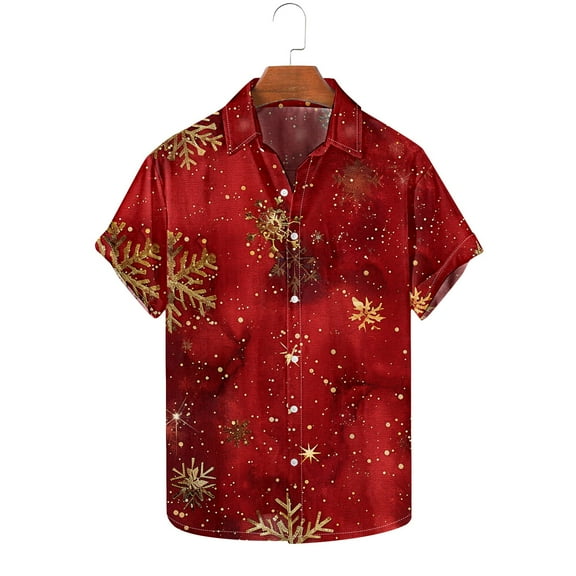 cllios Mens Christmas T Shirts,Christmas Hawaiian Shirts for Men Casual Button Down Short Sleeve Holiday Beach Shirt Xmas Elk Snowflakes Graphic Tees Party Aloha Shirts