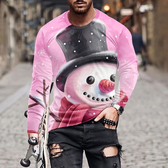 cllios Mens Christmas T Shirts Cute Xmas Snowman Printed Tee Shirt Slim Fit Long Sleeve Roune Neck Tees Ugly Chritsmas Shirts for Men,Men's Vacation Tops