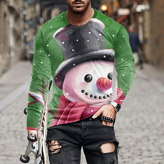 cllios Mens Christmas T Shirts Cute Xmas Snowman Printed Tee Shirt Slim Fit Long Sleeve Roune Neck Tees Ugly Chritsmas Shirts for Men,Men's Vacation Tops