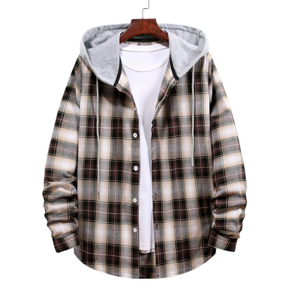 cllios Mens Classic Plaid Jacket Hoodie, Button Up Flannel Shirt Jackets for Men with Hood, Long Sleeve Hooded Plaid Shackets Coffee XL