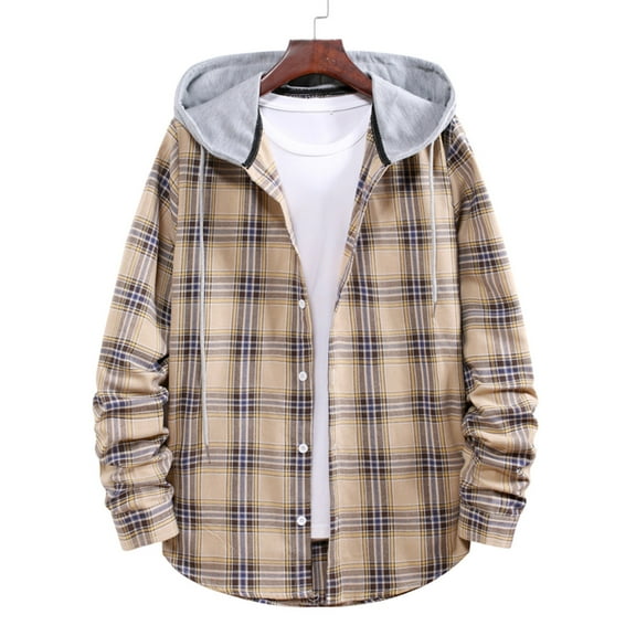 cllios Mens Classic Plaid Jacket Hoodie, Button Up Flannel Shirt Jackets for Men with Hood, Long Sleeve Hooded Plaid Shackets Khaki M