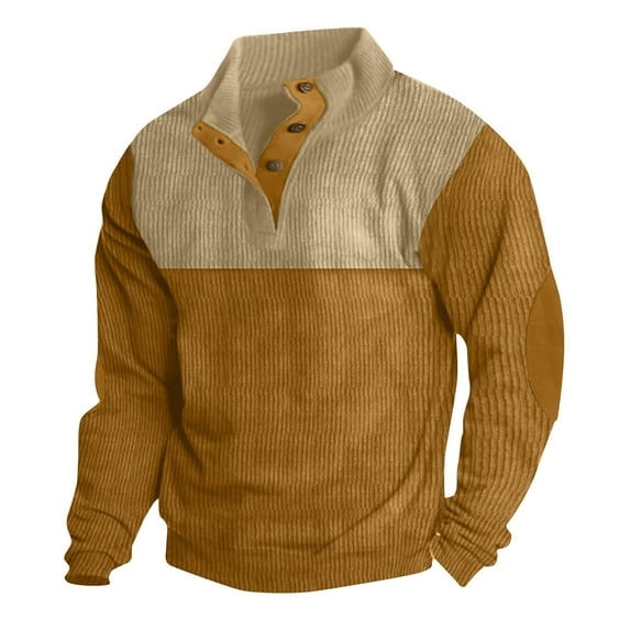 cllios Mens Corduroy Sweatshirts Men's 1/4 Button Up Henley Blouses Cowboy Aztec Color Block Tops Long Sleeve Stand Collar Pullover with Elbow Patches Khaki L