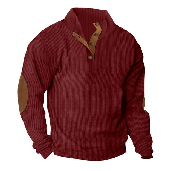 cllios Mens Corduroy Sweatshirts Casual Stand Collar Button Patchwork Tops Vintage Aztec Long Sleeve Mock Neck Pullover Golf Sweatshirts Red L