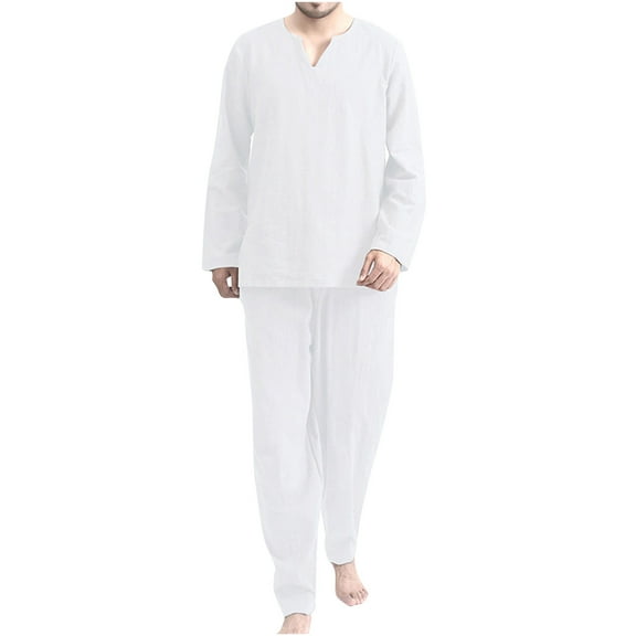 cllios Mens Cotton Linen Pajama Set Long Sleeve Notched Collared Shirts and Elastic Waisted Pant 2 Piece Loungwear Sets Cozy Sleepwear