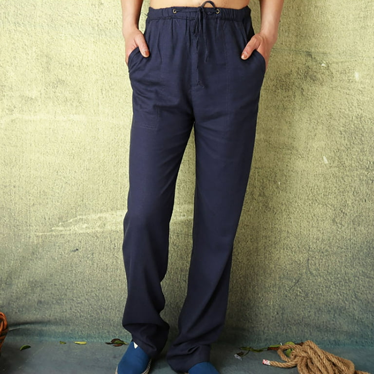 cllios Mens Cotton Linen Pants Big and Tall Regular Fit Solid Color Beach Trousers Summer Lightweigt Drawstring Elastic Waist Lounge Pants with Pockets Walmart