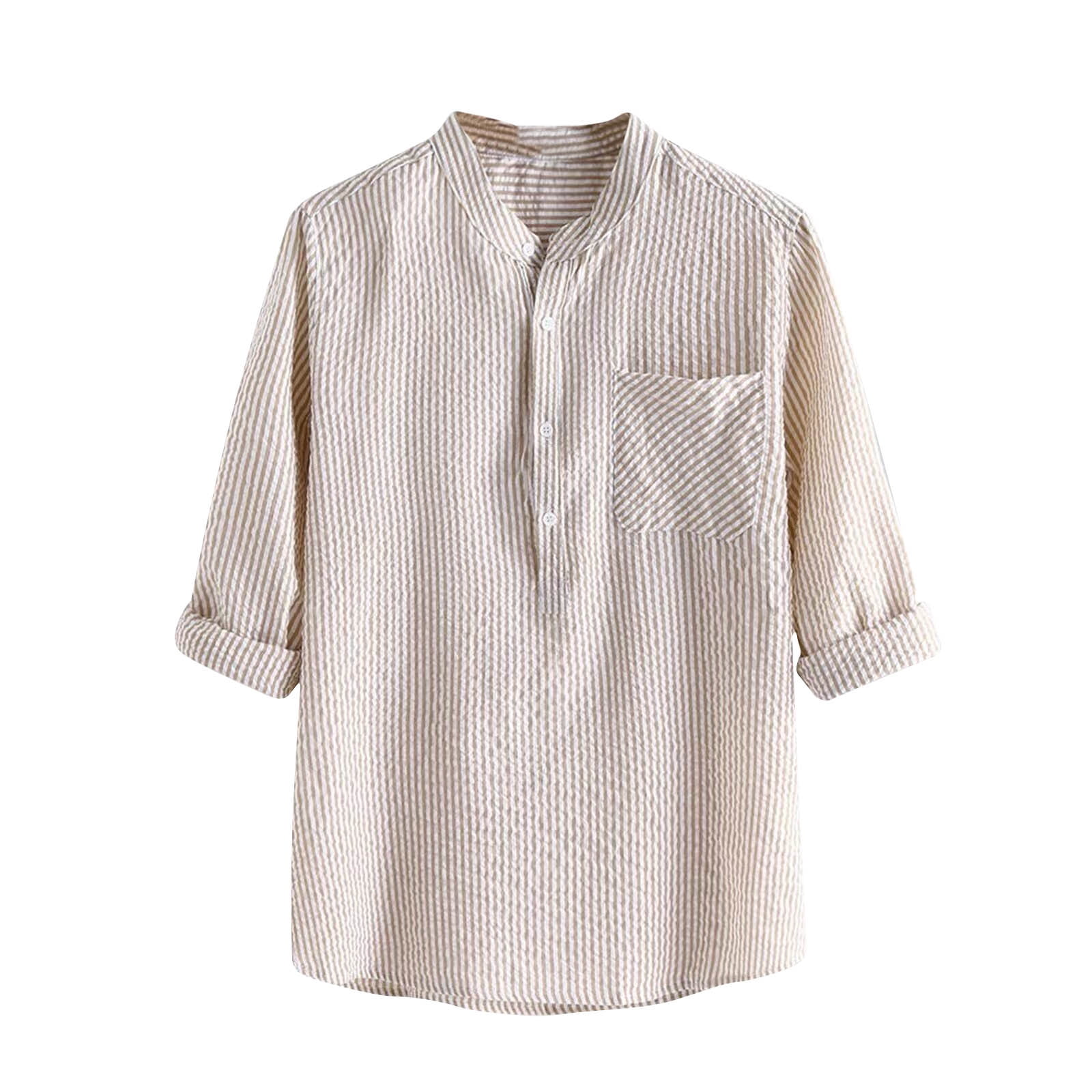 cllios Mens Cotton Linen Shirts Fashion Stripes Print Button Up Henley ...