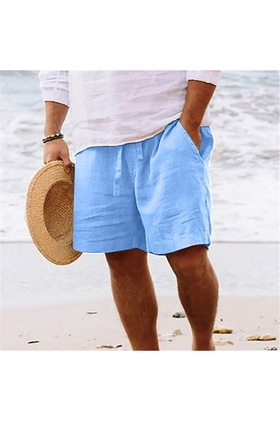 Mens Cotton Linen Shorts Elastic Waist Drawstring Casual Summer Beach Yoga Shorts Big and Tall Classic Solid Vacation Holiday Shorts
