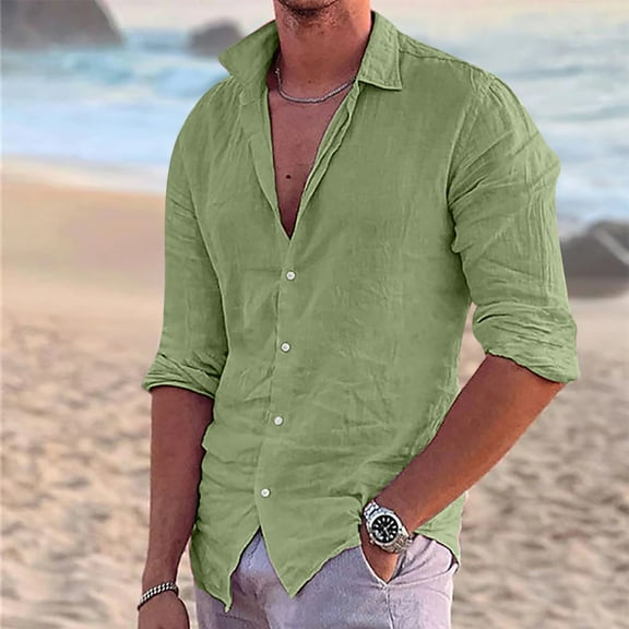 cllios Mens Cotton and Linen Shirts Big and Tall Regular Fit Casual Long Sleeve Button Down T-Shirts Loose Comfy Lapel Leisure Tshirt Tops Green 3XL