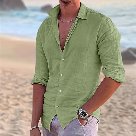 cllios Mens Cotton and Linen Shirts Big and Tall Regular Fit Casual Long Sleeve Button Down T-Shirts Loose Comfy Lapel Leisure Tshirt Tops Green S