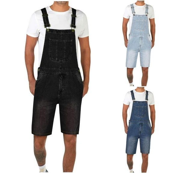cllios Mens Denim Shorts Bib Overall Jean Romper Casual Loose Fit Walkshort Adjustable Strap Workwear Washed Suspender Shorts Summer Jumpersuit