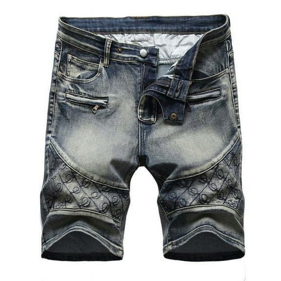 cllios Mens Denim Shorts Plus Size High-end Ripped Personality Big and Tall Stitching Trend Denim Shorts Jeans