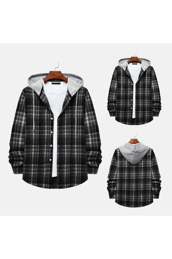 Mens Flannel Hoodie Shirt Long Sleeve Plaid Button Up Shirts Lightweight Flannel Shirt Regular Fit Casual Shirts Trend Hip Hop Hooded Cardigan Gray XXL