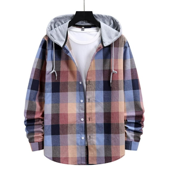 cllios Mens Flannel Plaid Shirt Jacket Spring Fall Long Sleeve Lightweight Hooded Coats Soft Button Down Shirts Jackets Red 2XL